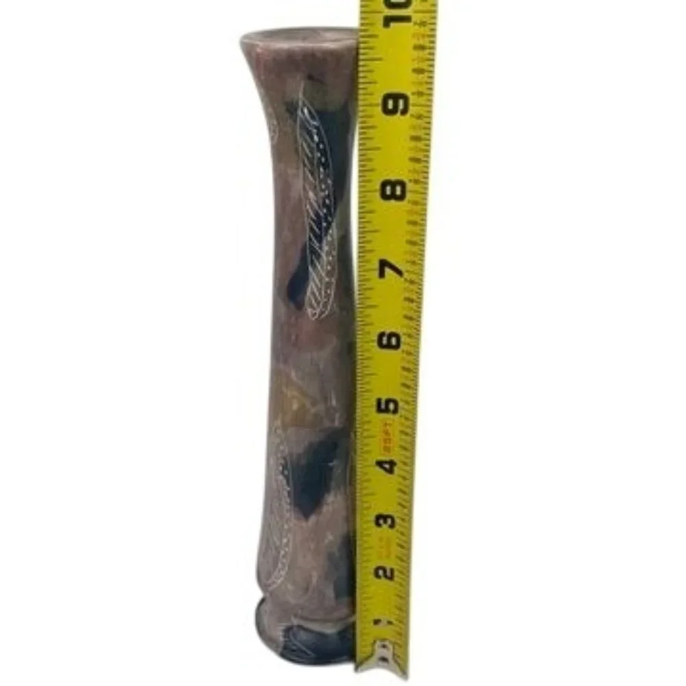 African Hand Painted Soapstone Bud Vase With Etched Leaf 10